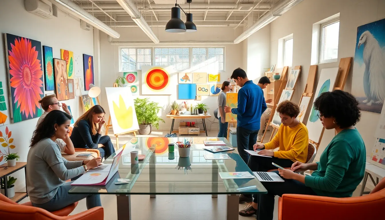 diverse artists collaborating in a vibrant creative workspace.